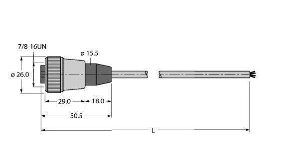 Rysunek złącza z wymiarami: 7/8-16UN, całkowita długość 50,5 mm, średnica 26 mm z przodu, 15,5 mm z tyłu.
