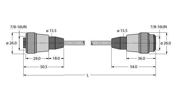Rysunek techniczny dwóch złączy elektrycznych z wymiarami: gwint 7/8-16UN, średnica 26 mm. Długość po lewej stronie 50,5 mm, po prawej stronie 54 mm.