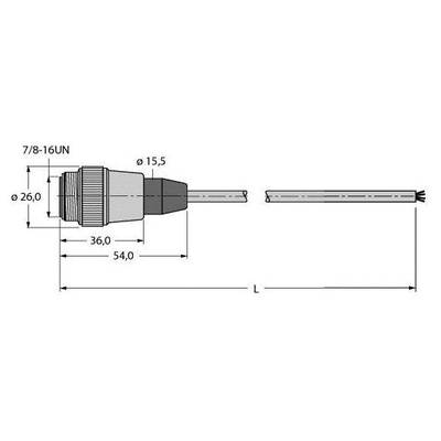 Rysunek techniczny wtyczki z wymiarami: szerokość całkowita 54 mm, średnica 26 mm, długość przewodu L. Oznaczenie: 7/8-16UN.