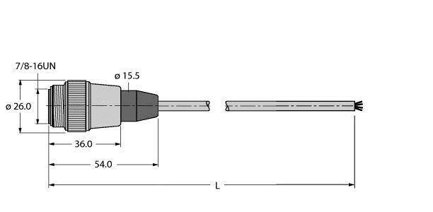 Rysunek techniczny złącza elektrycznego z wymiarami: średnica 26 mm, całkowita długość 54 mm plus zmienna długość kabla L, gwint 7/8-16UN.
