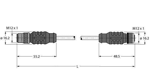 Diagram przedstawia dwa wtyki M12 z prawidłowymi wymiarami w milimetrach: po lewej 55,2 mm, po prawej 48,5 mm, oba o średnicy 16,2 mm.