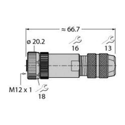 Rysunek techniczny elementu przyłączeniowego, długość ok. 66,7 mm, średnica 20,2 mm, gwint M12x1, rozmiary kluczy: 18, 16, 13.