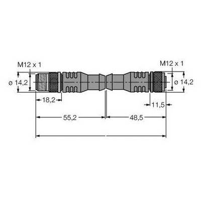 Rysunek techniczny złącza z gwintem M12 x 1 na obu końcach. Całkowita długość: 103,7 mm, średnica: 14,2 mm.