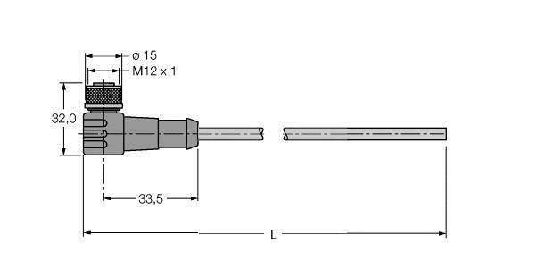 Rysunek techniczny wtyczki z gwintem M12. Wymiary: 15 mm średnicy, 32 mm wysokości, 33,5 mm długości do kabla.