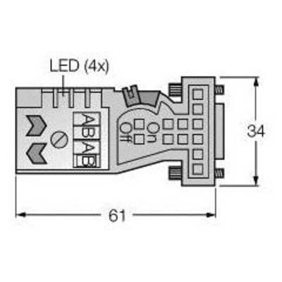 'Rysunek techniczny wtyczki elektrycznej z diodą LED (4x), oznaczonej jako ABAB, długość 61 mm, szerokość 34 mm.'