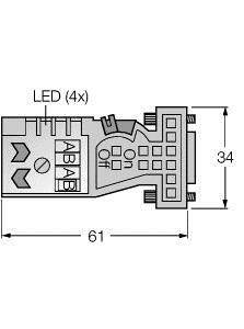 Rysunek techniczny wtyczki z wymiarami: 61 mm długości, 34 mm wysokości; widok szczegółowy złączy i diod LED (4x).