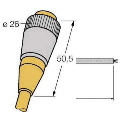 Rysunek techniczny wtyczki. Całkowita długość 50,5 mm, średnica 26 mm. Obrazuje proporcje wielkościowe.