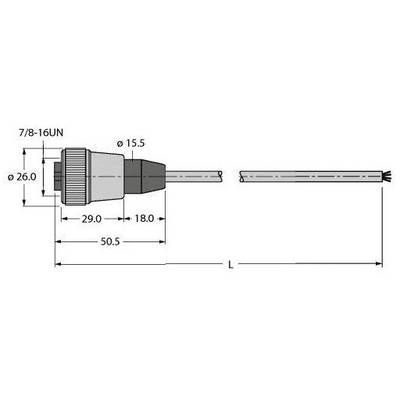 Rysunek techniczny złącza z wymiarami: gwint 7/8-16UN, średnica 26 mm, długość 50,5 mm, wprowadzenie kabla.