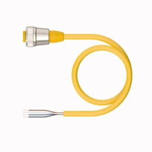 Żółty kabel spiralny z metalowym złączem i nieosłoniętymi końcówkami, odpowiedni do połączeń elektrycznych lub elektronicznych.