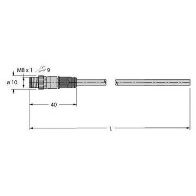 Rysunek techniczny złącza. Wymiary: M8 x 1, ø 9, ø 10. Długość 40 mm. Całkowita długość L.