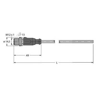 Rysunek techniczny złącza: M12x1, ø14,5 mm. Całkowita długość 49 mm plus długość kabla L. Oznaczenie komponentów i wymiarów.
