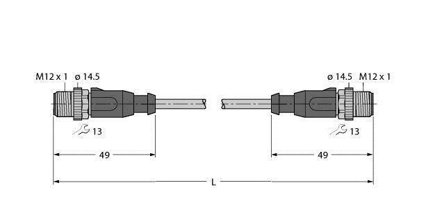 Rysunek techniczny dwóch złączy wtykowych M12 z podanymi wymiarami. Średnica 14,5 mm, gwint M12 x 1, długość 49 mm każde.