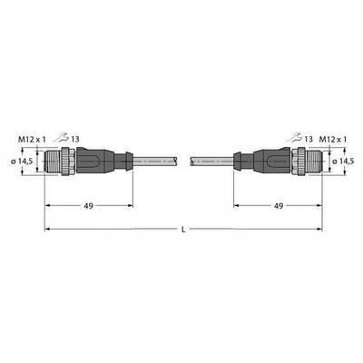 Rysunek techniczny złącza M12 o parametrach M12 x 1 o całkowitej średnicy 14,5 mm i długości 49 mm.