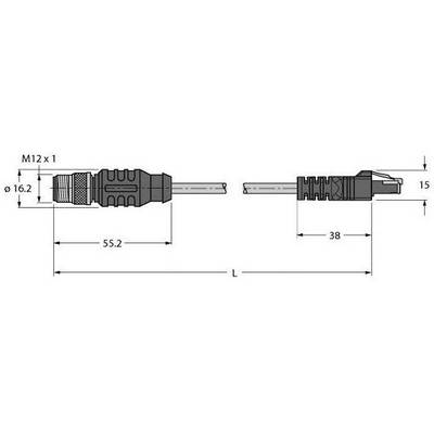 Rysunek techniczny złącza. Po lewej stronie: M12 x 1, średnica 16,2 mm, długość 55,2 mm. Po prawej stronie: długość 38 mm, szerokość całkowita 15 mm.