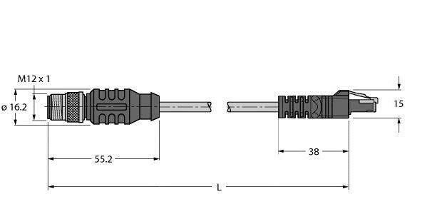 Rysunek przedstawia rysunek techniczny wtyczki M12 z wymiarami: średnica 16,2 mm, długość 55,2 mm, całkowita długość 38 mm, wysokość 15 mm.