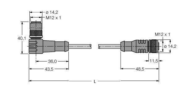 Rysunek techniczny złączy M12 z wymiarami: długość 48,5 mm i 43,5 mm, średnica 14,2 mm. Identyczne typy złączy.