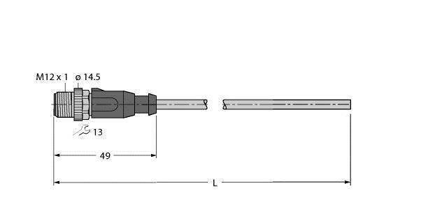 Rysunek techniczny złącza M12 o następujących wymiarach: średnica 14,5 mm, długość 49 mm plus kabel o zmiennej długości L.