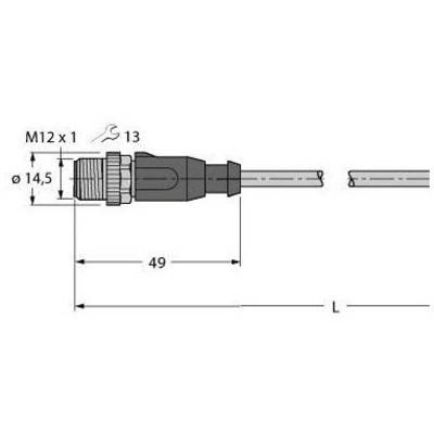 Rysunek techniczny wtyczki z wymiarami: długość 49 mm, średnica 14,5 mm, gwint M12x1. Przedstawia szczegóły podłączeń.