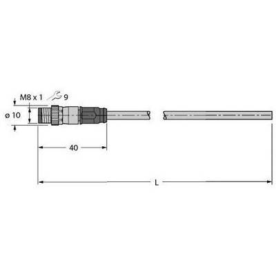 Rysunek techniczny elektrycznego złącza wtykowego z gwintem M8 x 1, o średnicy zewnętrznej 10 mm i długości 40 mm.