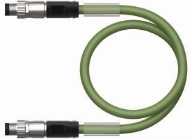 Zielony kabel z dwoma srebrnymi złączami na każdym końcu, ułożony w kształcie kolistej pętli.