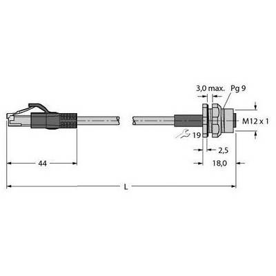 Rysunek złącza M12 z wymiarami. Po lewej: wtyk z zatrzaskiem, prawe podłączenie: tuleja gwintowana M12 x 1. Wymiary L: zmienna, Ø19 mm, głębokość montażu 18 mm.