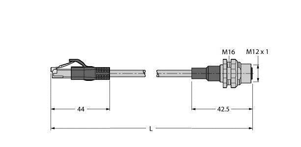 Rysunek techniczny złącza z wymiarami: Po lewej stronie kompletna wtyczka o długości 44 mm, po prawej stronie stan zmontowany z gwintem M16.