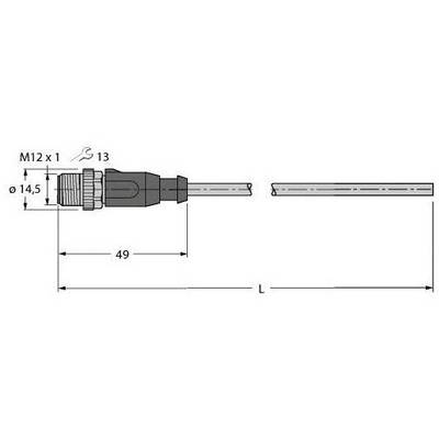 Rysunek techniczny złącza M12 z podanymi wymiarami: M12x1, średnica 14,5 mm, całkowita długość 49 mm plus linia L.