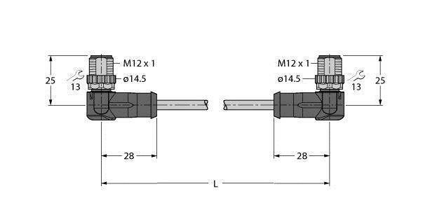 Rysunek techniczny: Dwa kątowe złącza M12 x 1 z wymiarami. Średnica 14,5 mm, całkowita długość obu wynosi 28 mm.