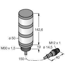 Diagram cylindrycznego obiektu z wymiarami w milimetrach: wysokość 142,6, średnica 50. Element łączący M12 x 1 w odległości 40.