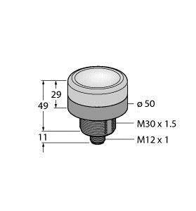 Rysunek techniczny cylindrycznego przełącznika z gwintem M30 x 1,5 oraz M12 x 1. Wysokość 49 mm, średnica 50 mm.