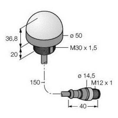 Rysunek techniczny dwustopniowego elementu z gwintem. Góra: Średnica 50 mm, M30 x 1,5. Dół: Średnica 14,5 mm, M12 x 1. Całkowita długość 150 mm.