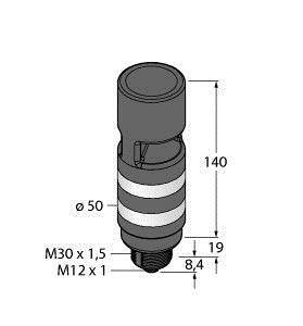 Cylindryczny element o następujących wymiarach: wysokość 140 mm, średnica 50 mm, gwint M30 x 1,5/M12 x 1, wymiary szczegółowe 8,4 mm i 19 mm.