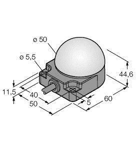 Rysunek techniczny czujnika z kulistą nasadką. Wymiary: 50 mm średnicy, 60 mm długości, 44,6 mm wysokości. Widoczny złącz przyłączeniowy.