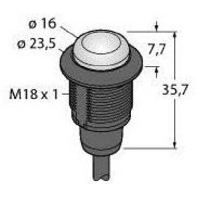 Rysunek techniczny przycisku. Wymiary: całkowita długość 35,7 mm, średnica główki 23,5 mm, przycisk 16 mm, gwint M18 x 1 mm.