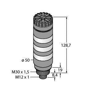 Rysunek techniczny części cylindrycznej z wymiarami: wysokość 128,7 mm, średnica 50 mm. Połączenie gwintowane M30 x 1,5.
