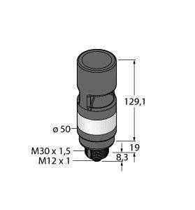 Rysunek techniczny części cylindrycznej z wymiarami: wysokość całkowita 129,1 mm, średnica 50 mm, gwint M30 x 1,5 oraz M12 x 1.