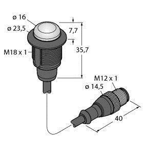 Rysunek techniczny przełącznika z wymiarami: długość całkowita 40 mm, średnica górna 23,5 mm, gwint M18 x 1.