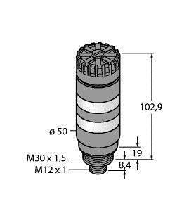 Rysunek techniczny elementu cylindrycznego o następujących wymiarach: wysokość 102,9 mm, średnica 50 mm, gwint M30 x 1,5 i M12 x 1.