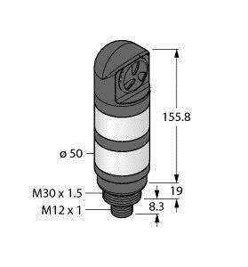Rysunek cylindrycznego czujnika z wymiarami: wysokość 155,8 mm, średnica 50 mm. Gwint M30 x 1,5 oraz M12 x 1.