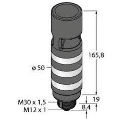 Rysunek techniczny części cylindrycznej o powierzchni prążkowanej, wysokość 165,8 mm, średnica 50 mm. Gwint M30 x 1,5 oraz M12 x 1. Wymiary w milimetrach.