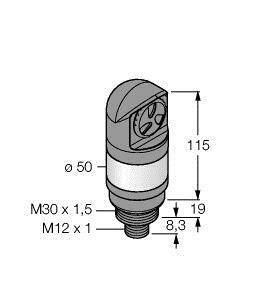 Rysunek elementu technicznego z wymiarami: wysokość całkowita 115 mm, średnica 50 mm, gwint M30 x 1,5 górny, M12 x 1 dolny.