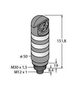 Cylindryczny czujnik urządzenia o wymiarach: całkowita długość 151,8 mm, średnica 50 mm, gwint przyłączeniowy M30 x 1,5 oraz M12 x 1.