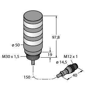 Rysunek techniczny elementu cylindrycznego z wymiarami: wysokość 97,8 mm, średnica 50 mm, gwint M30 x 1,5; element mocujący gwint M12 x 1.