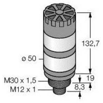 Cylindryczny obiekt gwintowany, o wysokości 132,7 mm i średnicy 50 mm. Gwint: M30 x 1,5, M12 x 1. Widok z boku z wymiarami.