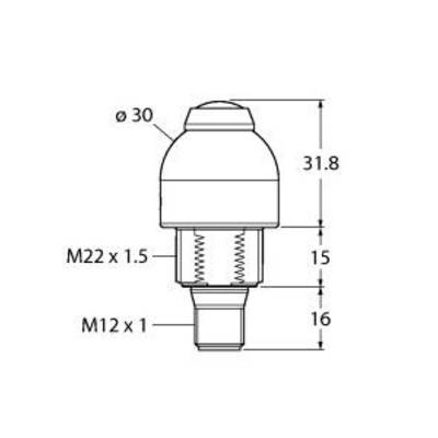 Rysunek techniczny cylindrycznego elementu metalowego z wymiarami: Ø30, wysokość całkowita 31,8 mm, gwint przyłączeniowy M22 x 1,5 oraz M12 x 1.