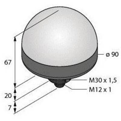 Diagram anteny kulistej z wymiarami: średnica 90 mm, wysokość 67 mm, gwint M30 x 1,5 oraz M12 x 1.