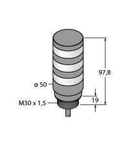 Diagram cylindrycznej lampy z wymiarami: wysokość 97,8 mm, średnica 50 mm, gwint M30 x 1,5, podstawa 19 mm.