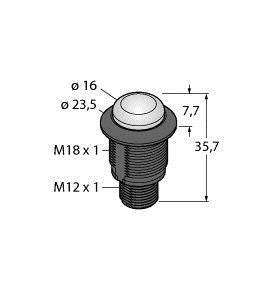 Rysunek techniczny cylindrycznego czujnika pomiarowego ze wskazaniem średnic: 16 mm, 23,5 mm. Rozmiary gwintów: M18 x 1, M12 x 1.