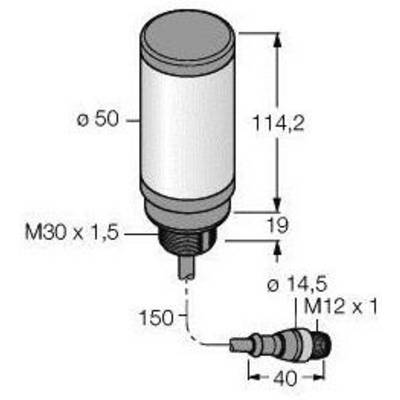Cylindryczny czujnik o parametrach: długość całkowita 150 mm, średnica 50 mm, gwint M30 x 1,5. Adapter o średnicy 14,5 mm, długości 40 mm, gwint M12 x 1.