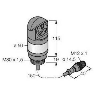 Rysunek techniczny cylindrycznego czujnika z gwintem M30, długość 150 mm, średnica 50 mm; wymiar przyłącza M12 x 1.
